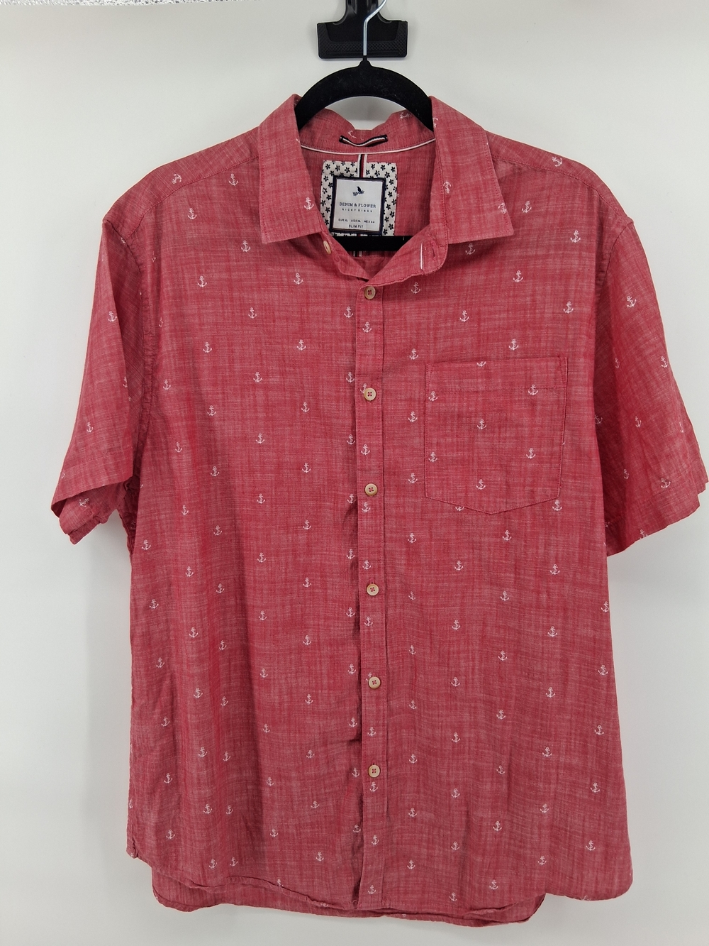 Denim & Flower Coral Red Short-Sleeve Button-Down with White Anchor Print